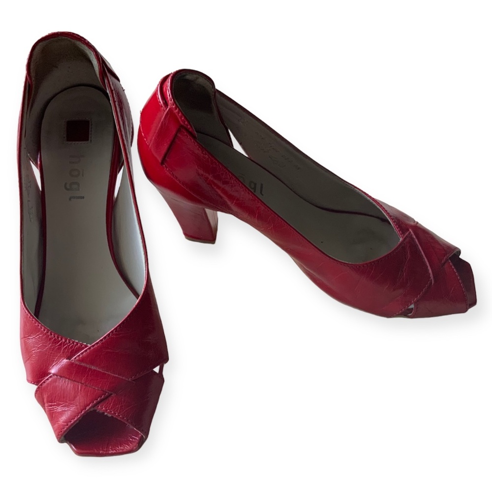 Hōgl Red Genuine Leather Festive Pumps Open Toe Shoes 3” Heels size UK 3/ US 5